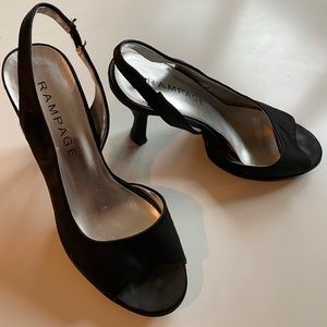 Black Satin Open-Toed Pumps